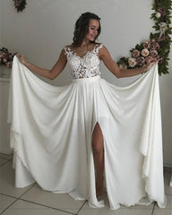 Leg Split Ivory Chiffon Sweep Train Lace Appliques Beach Wedding Dresses