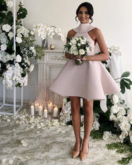 Vintage 1950s Style Short Halter Satin Bow Back Bridesmaid Dresses