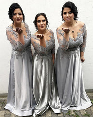 Modest Lace Appliques 3/4 Sleeves Satin Bridesmaid Dresses Plus Size