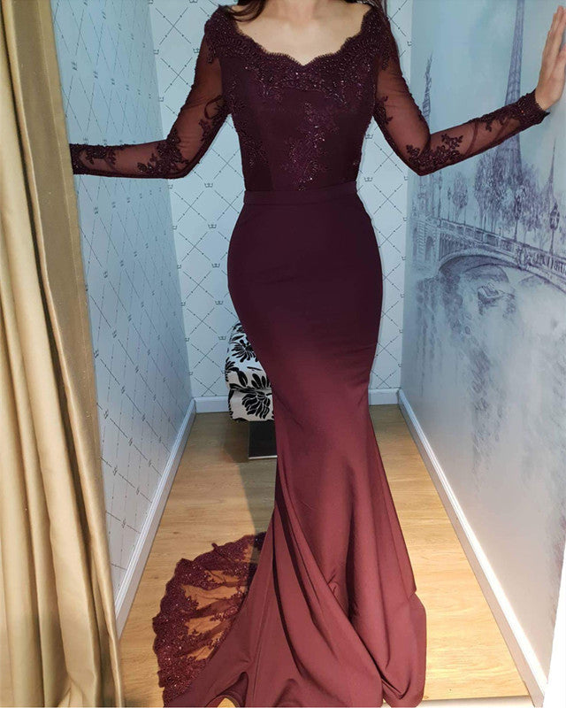Sheer Lace Long Sleeves Mermaid Court Train Bridesmaid Dresses