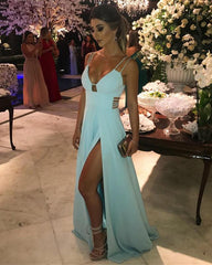 Long Chiffon V-neck Leg Split Prom Dresses 2018 Floor Length Bridesmaid Dresses