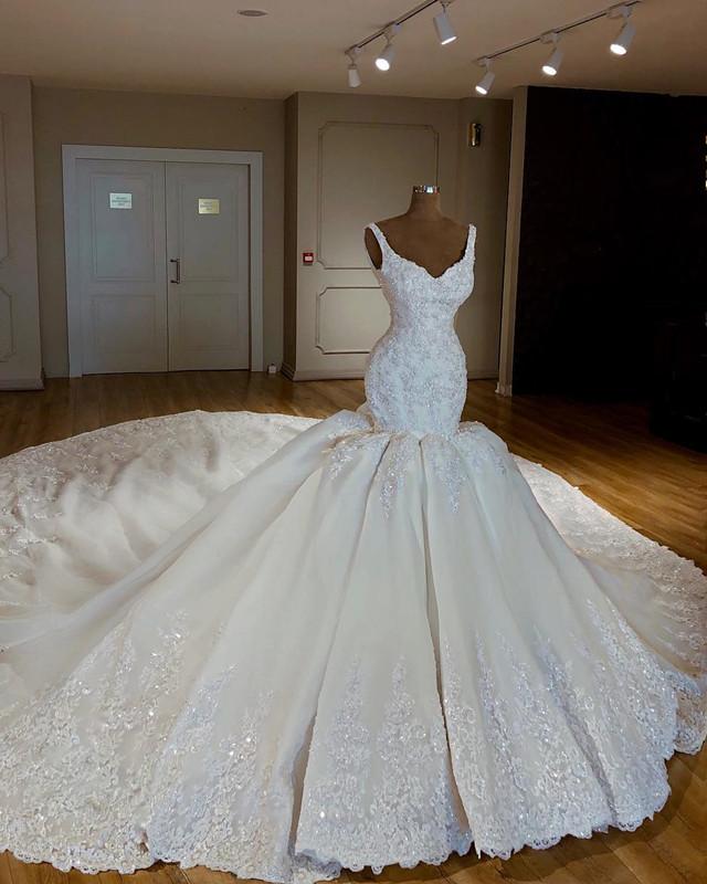 Vintage V-neck Royal Train Satin Mermaid Wedding Dresses Lace Embroidery