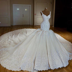 Vintage V-neck Royal Train Satin Mermaid Wedding Dresses Lace Embroidery