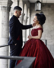 Lace Embroidery Off Shoulder Ball Gowns Wedding Velvet Dresses