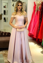 Pretty Pink Satin Floor Length Bridesmaid Dresses V-neck Off The Shoulder