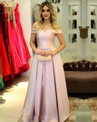 Pretty Pink Satin Floor Length Bridesmaid Dresses V-neck Off The Shoulder