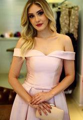 Pretty Pink Satin Floor Length Bridesmaid Dresses V-neck Off The Shoulder