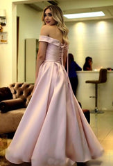 Pretty Pink Satin Floor Length Bridesmaid Dresses V-neck Off The Shoulder