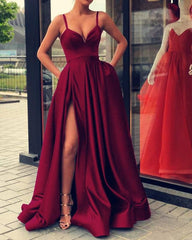 Long Satin V Neck Split Dresses Spaghetti Straps