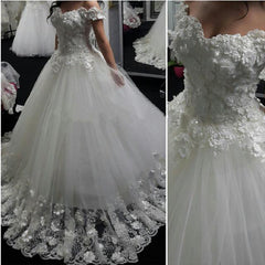 Lace Flowers Off Shoulder Tulle Ball Gown Wedding Dresses 2019