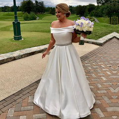 Ivory Satin Off Shoulder Wedding Dresses A Line Beaded Sashes