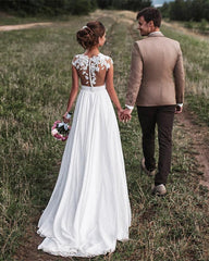 Lovely Lace Appliques Cap Sleeves Long Chiffon Split Beach Wedding Dresses
