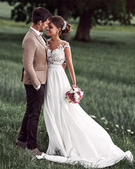 Lovely Lace Appliques Cap Sleeves Long Chiffon Split Beach Wedding Dresses