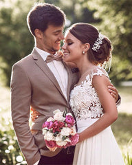 Lovely Lace Appliques Cap Sleeves Long Chiffon Split Beach Wedding Dresses