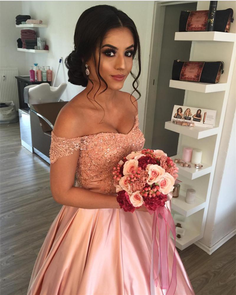 Blush Pink Wedding Dresses Satin Off Shoulder Ball Gowns