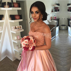 Blush Pink Wedding Dresses Satin Off Shoulder Ball Gowns