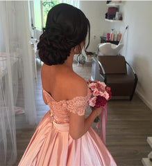 Blush Pink Wedding Dresses Satin Off Shoulder Ball Gowns
