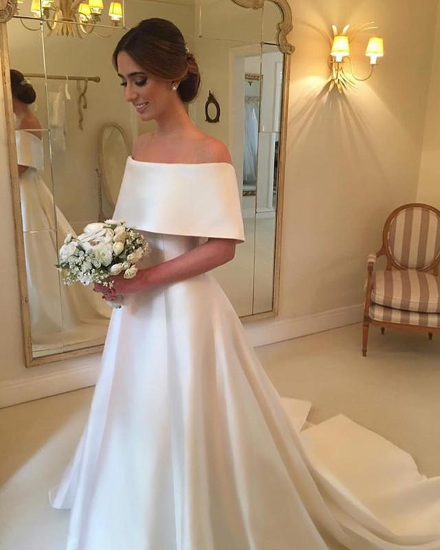A-line Off The Shoulder Long Satin Wedding Dresses