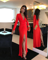 Sexy Leg Split Long Sleeves Jersey Prom Dresses Front Split Formal Gowns