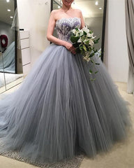 Lace Appliques Strapless Bodice Corset Tulle Ball Gowns Silver Wedding Dresses