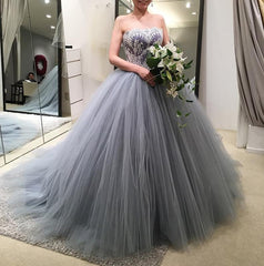 Lace Appliques Strapless Bodice Corset Tulle Ball Gowns Silver Wedding Dresses