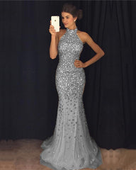 Luxurious Crystal Beaded Halter Floor Length Evening Dresses Mermaid