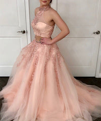 Two Piece Tulle Ball Gowns Quinceanera Dresses Beaded High Neck With Lace Embroidery