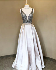 Sparkle Sequin Beaded V-neck Long Satin Prom Dresses 2018