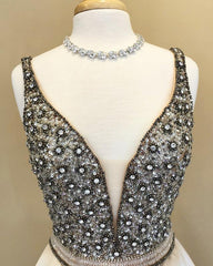Sparkle Sequin Beaded V-neck Long Satin Prom Dresses 2018