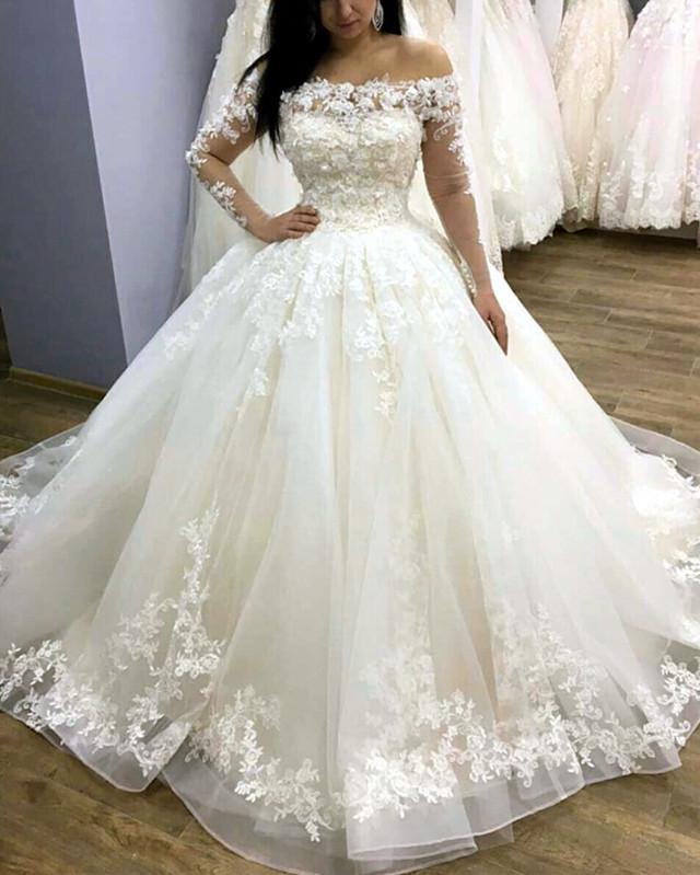 Lace Long Sleeves Tulle Off Shoulder Wedding Dresses Ballgowns