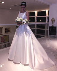 A Line Scoop Neck Bow Sashes Satin Wedding Dresses