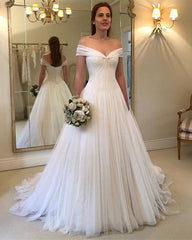 Elegant Pleated Tulle Floor Length Wedding Dresses Off The Shoulder