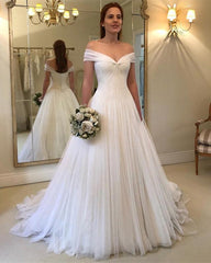 Elegant Pleated Tulle V-neck Off Shoulder Princess Wedding Dresses 2019