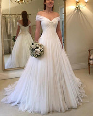 Elegant Pleated Tulle V-neck Off Shoulder Princess Wedding Dresses 2019