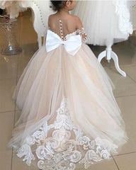Illusion Neckline Bow Back Ball Gowns Flower Dresses Lace Appliques