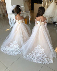 Illusion Neckline Bow Back Ball Gowns Flower Dresses Lace Appliques