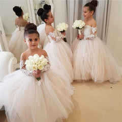 Illusion Neckline Bow Back Ball Gowns Flower Dresses Lace Appliques