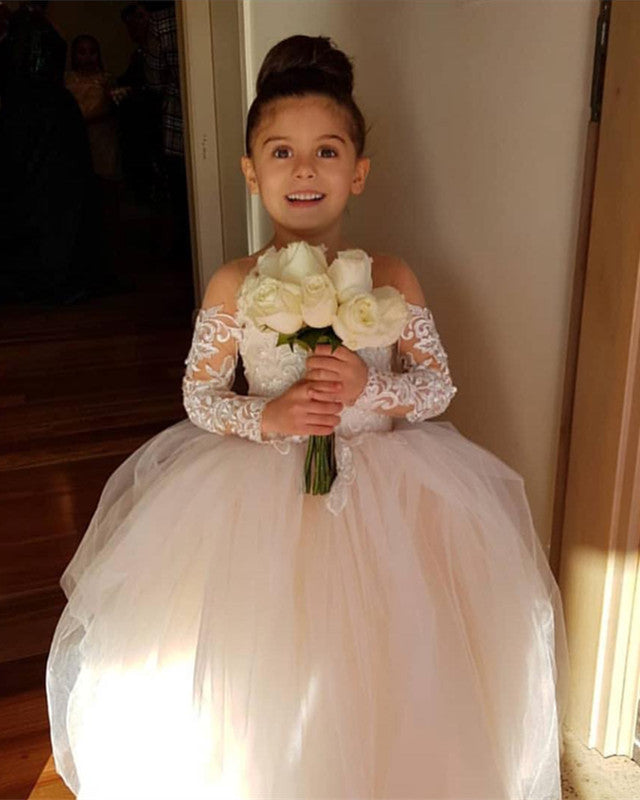 Illusion Neckline Bow Back Ball Gowns Flower Dresses Lace Appliques