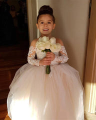 Illusion Neckline Bow Back Ball Gowns Flower Dresses Lace Appliques