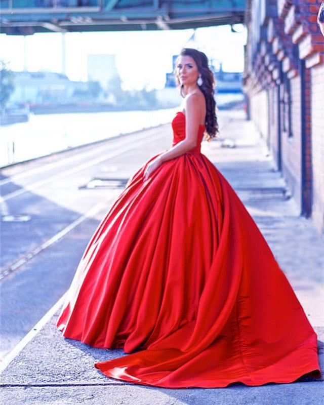 Red Wedding Dresses Ball Gowns Satin Sweetheart Bride Dress