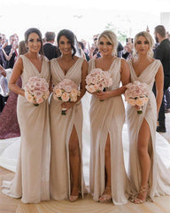 Sexy V-neck Long Tulle Mermaid Bridesmaid Dresses Leg Split