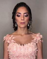 Gorgeous Lace Embroidery V-neck Off Shoulder Tulle Peach Wedding Dresses