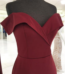 V-neck Off Shoulder Long Burgundy Mermaid Prom Dresses Leg Split