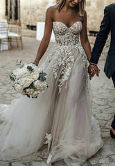 Lace Embroidery Sweetheart See Through Corset Tulle Wedding Dresses 2019