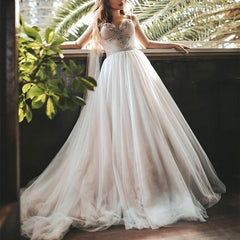 Romantic Pearl Beaded Sweetheart Tulle Princess Wedding Dresses