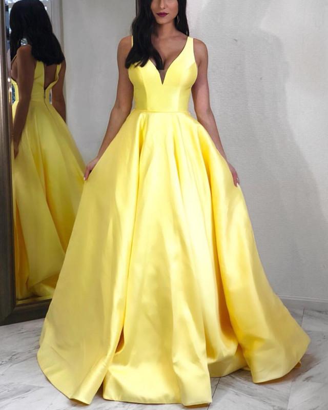 Plunge Neck Floor Length Satin Prom Dresses
