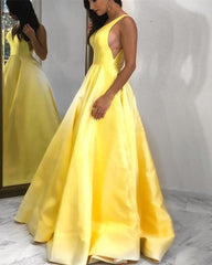 Plunge Neck Floor Length Satin Prom Dresses