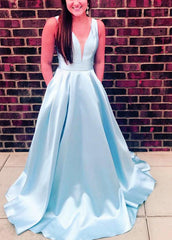 Sexy Deep V-neck Bow Back Long Satin Prom Dresses 2019