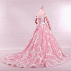Vintage Lace Appliques Off Shoulder Pink Lace Wedding Dress Ball Gowns