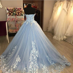 Light Blue Ball Gown Tulle Sweetheart Appliques Quinceanera Dresses